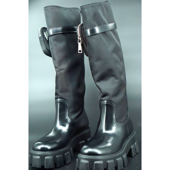 Prada Monolith Nylon Zip Bag Lug Combat Boot SZ 38 Logo Pocket Riding Platform - Picture 4 of 12